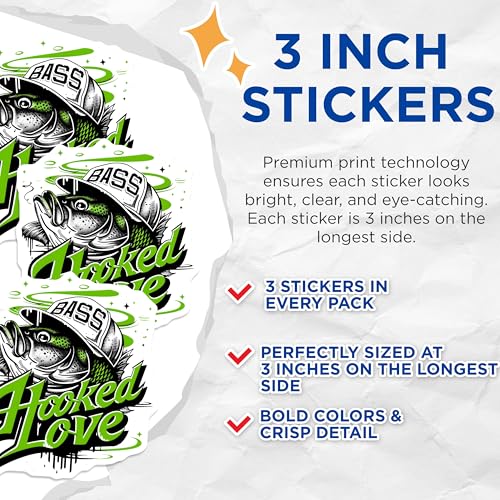 (3 Pack) Bass Fishing Decals - Hooked Love - Angler Decals - 3 Inches On Longest Side - Easy Peel & Apply - Made in USA - 3MCS2269