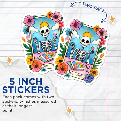 (2 Pack) Self Care Skeleton Stickers - Colorful Floral Art - Cute Skeleton with Flowers - 5" On Longest Side - Sticks to Smooth Flat Surfaces - Made in USA - BMCS9423