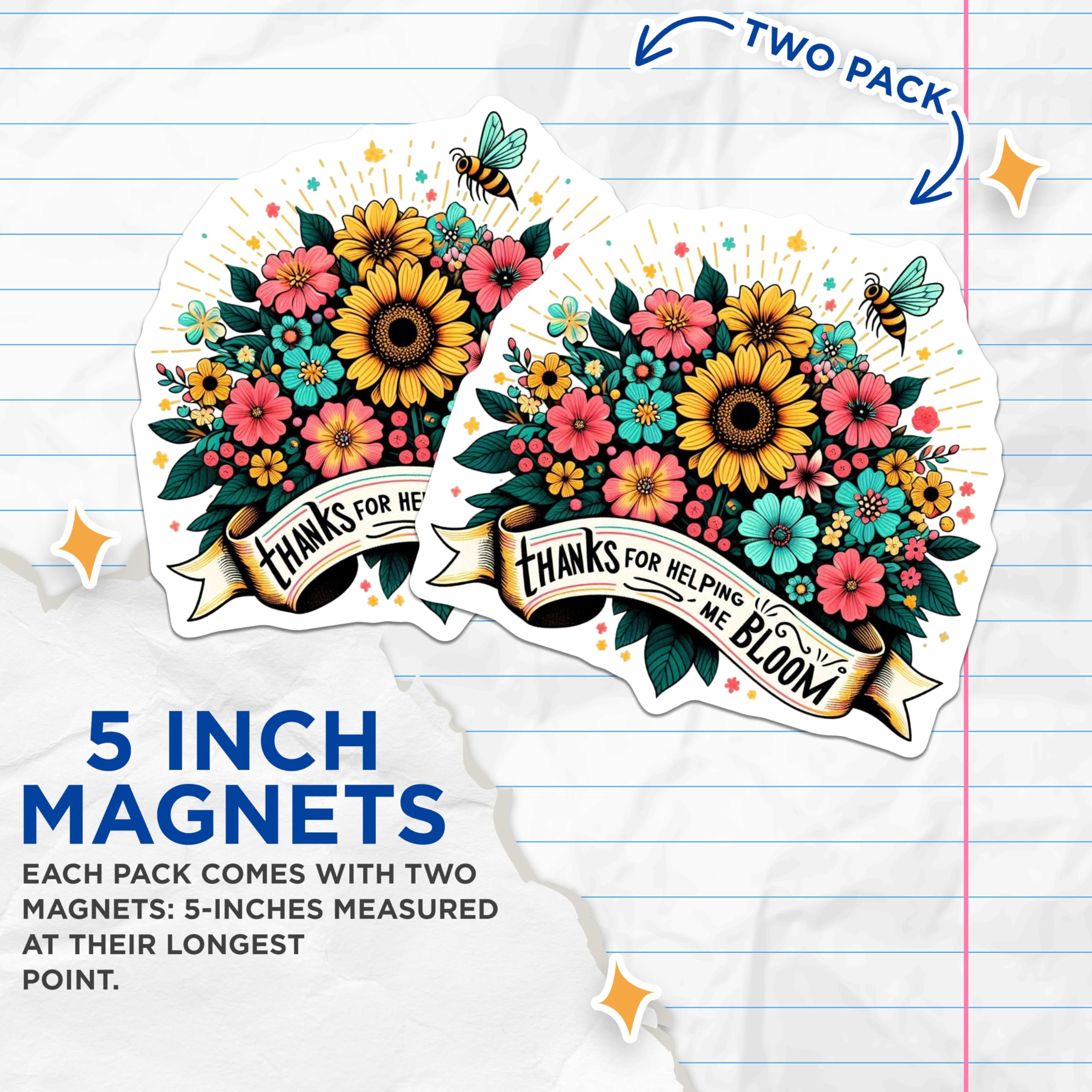 (2 Pack) Helping Me Bloom Magnets - Floral Thank You - Teacher Appreciation Decor - 5" On Longest Side - Premium Magnet - for Cars, Refrigerators, Toolboxes, Lockers - Made in USA - MAG15111