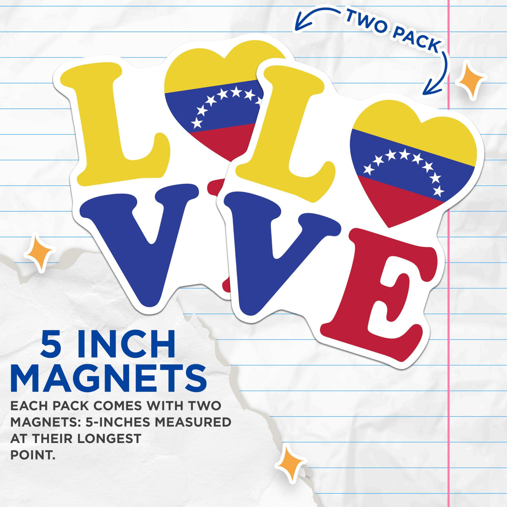 (2 Pack) Venezuela Love Magnets - Venezuelan Flag Pride - National Pride Souvenirs - 5" On Longest Side - Premium Magnet - for Cars, Refrigerators, Toolboxes, Lockers - Made in USA - MAG17426