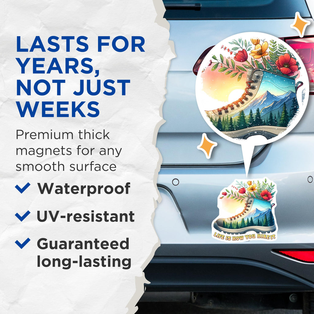 (2 Pack) Life is How You Hike It Magnets - Hiking Boot Nature Art Magnets - Outdoor Themed Magnets - 5" On Longest Side - for Cars, Refrigerators, Toolboxes, Lockers - Made in USA BMCS3260