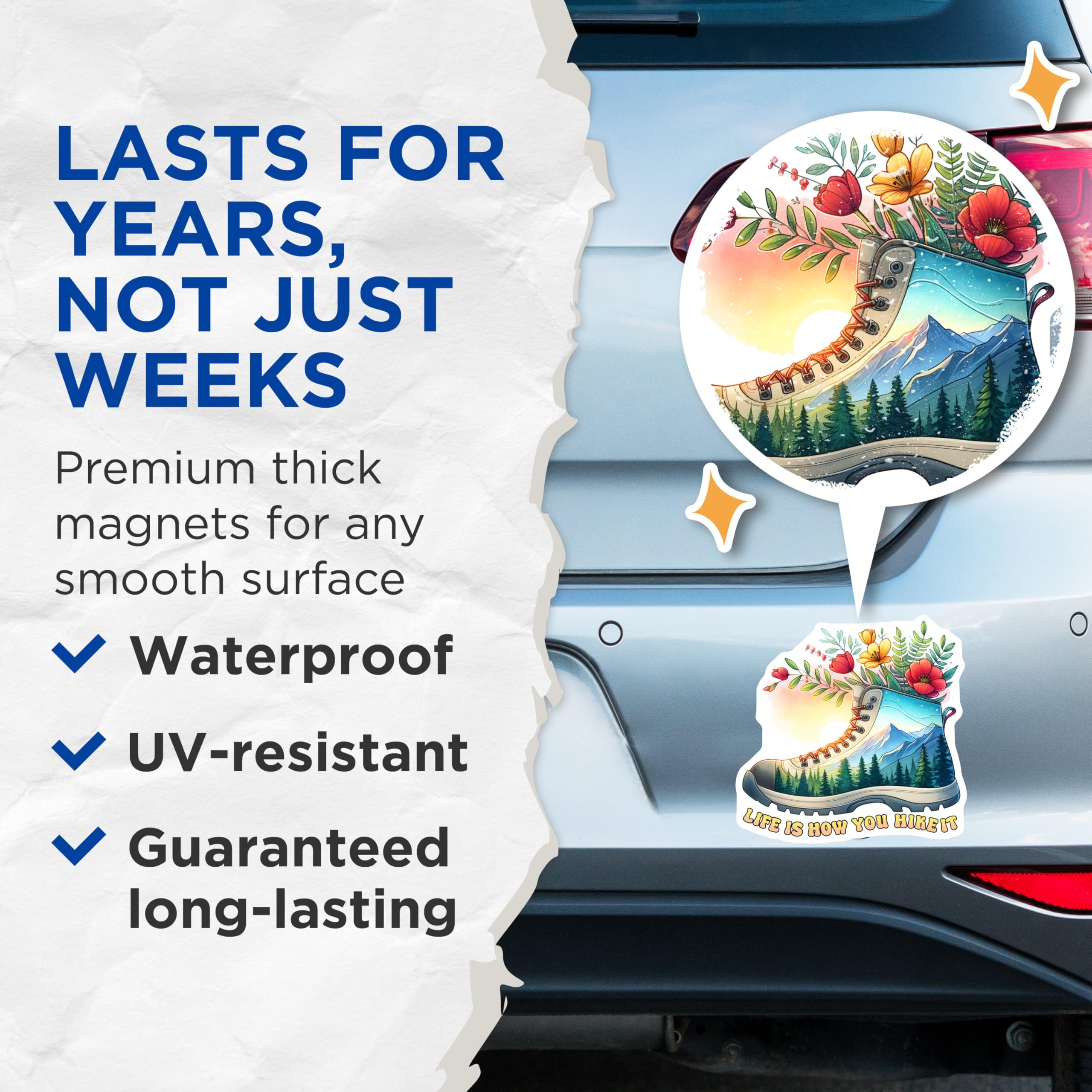 (2 Pack) Life is How You Hike It Magnets - Hiking Boot Nature Art Magnets - Outdoor Themed Magnets - 5" On Longest Side - for Cars, Refrigerators, Toolboxes, Lockers - Made in USA BMCS3260