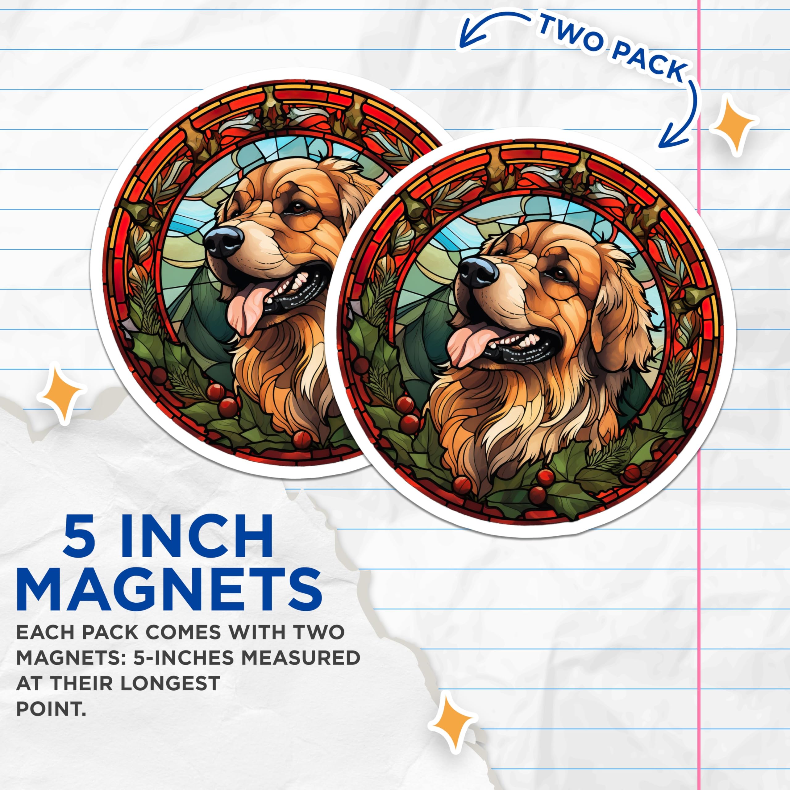 (2 Pack) Golden Retriever Magnets - Stained Glass Dog Art - Holiday Holly Decor - 5 Inches On Longest Side - Thick Durable Magnet - Made in USA - MAG24311