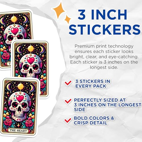 (3 Pack) Heart Skull Tarot Decals - Laptop Decal - Sugar Skull Decals - 3 Inches On Longest Side - Easy Peel & Apply - Made in USA - 3MCS4194
