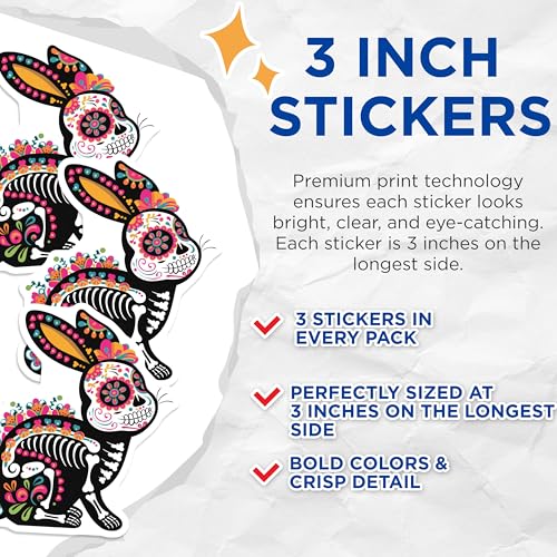 (3 Pack) Sugar Skull Rabbit Decals - Dia de Muertos Bunny - Laptop Decals - 3 Inches On Longest Side - Easy Peel & Apply - Made in USA - 3MCS8229