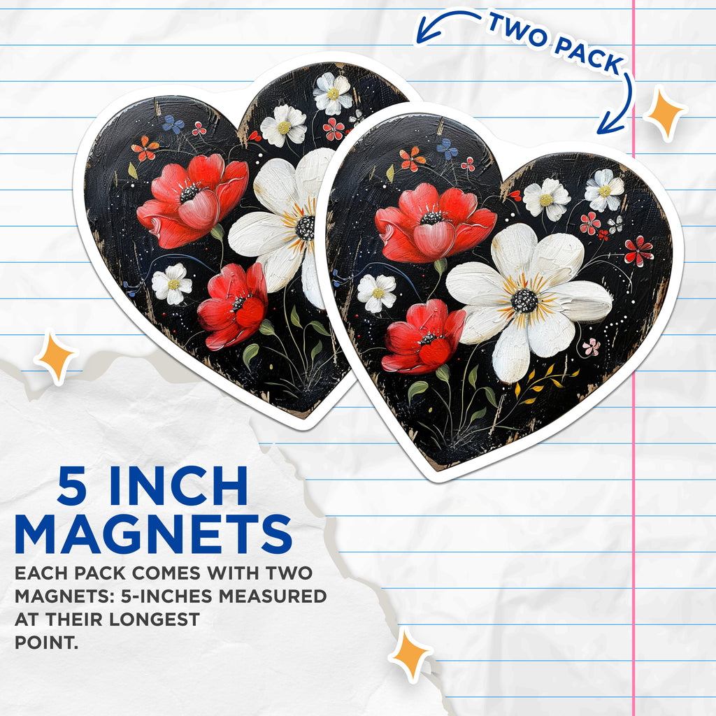 (2 Pack) Heart Floral Magnets - Rustic Farmhouse Decor - Moody Flower Art - Fridge Locker Accents - 5 Inches On Longest Side - Thick Durable Magnet - Made in USA - MAG36649