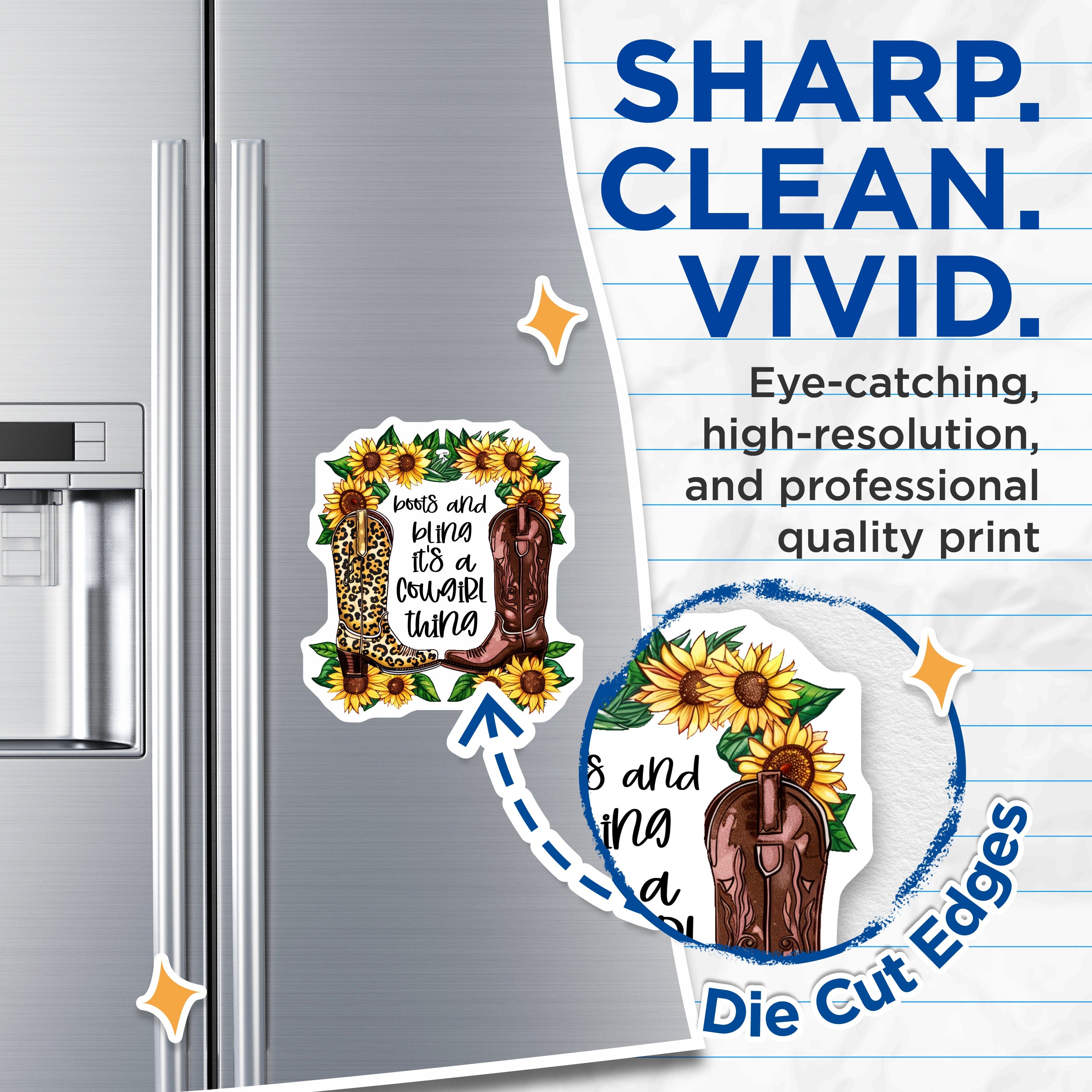 (2 Pack) Cowgirl Boots Magnets - Western Decor Aesthetic - Country Girl Sunflower Leopard Print Refrigerator Magnets - 5 Inches On Longest Side - Thick Durable Magnet - Made in USA - MAG38092