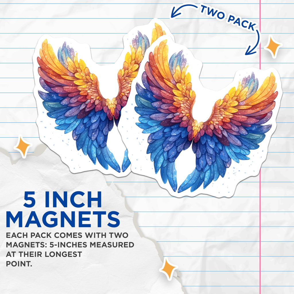 (2 Pack) Rainbow Angel Wings Magnets - Celestial Feather Decor - Spiritual Fantasy Art - Unique Boho Fridge Item - 5 Inches On Longest Side - Thick Durable Magnet - Made in USA - MAG27285