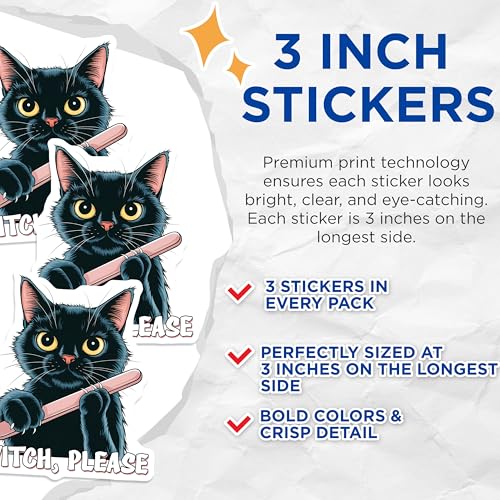 (3 Pack) Witch Please Decals - Funny Cat Decal - Sarcastic Laptop Decal - 3 Inches On Longest Side - Easy Peel & Apply - Made in USA - 3MCS2101