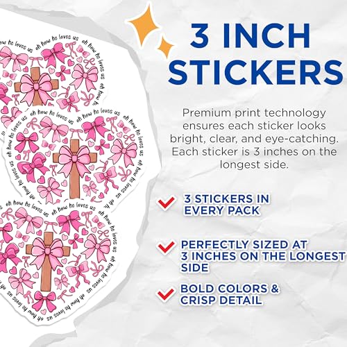 (3 Pack) Cross with Pink Bows Decals - Christian Saying - Religious Decals - 3 Inches On Longest Side - Easy Peel & Apply - Made in USA - 3MCS2263