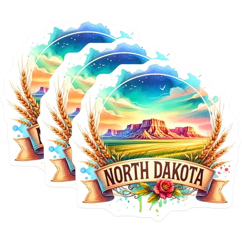 (3 Pack) North Dakota Decals - Watercolor Landscape - State Pride Laptop Decal- 3 Inches On Longest Side - Easy Peel & Apply - Made in USA - 3MCS5978