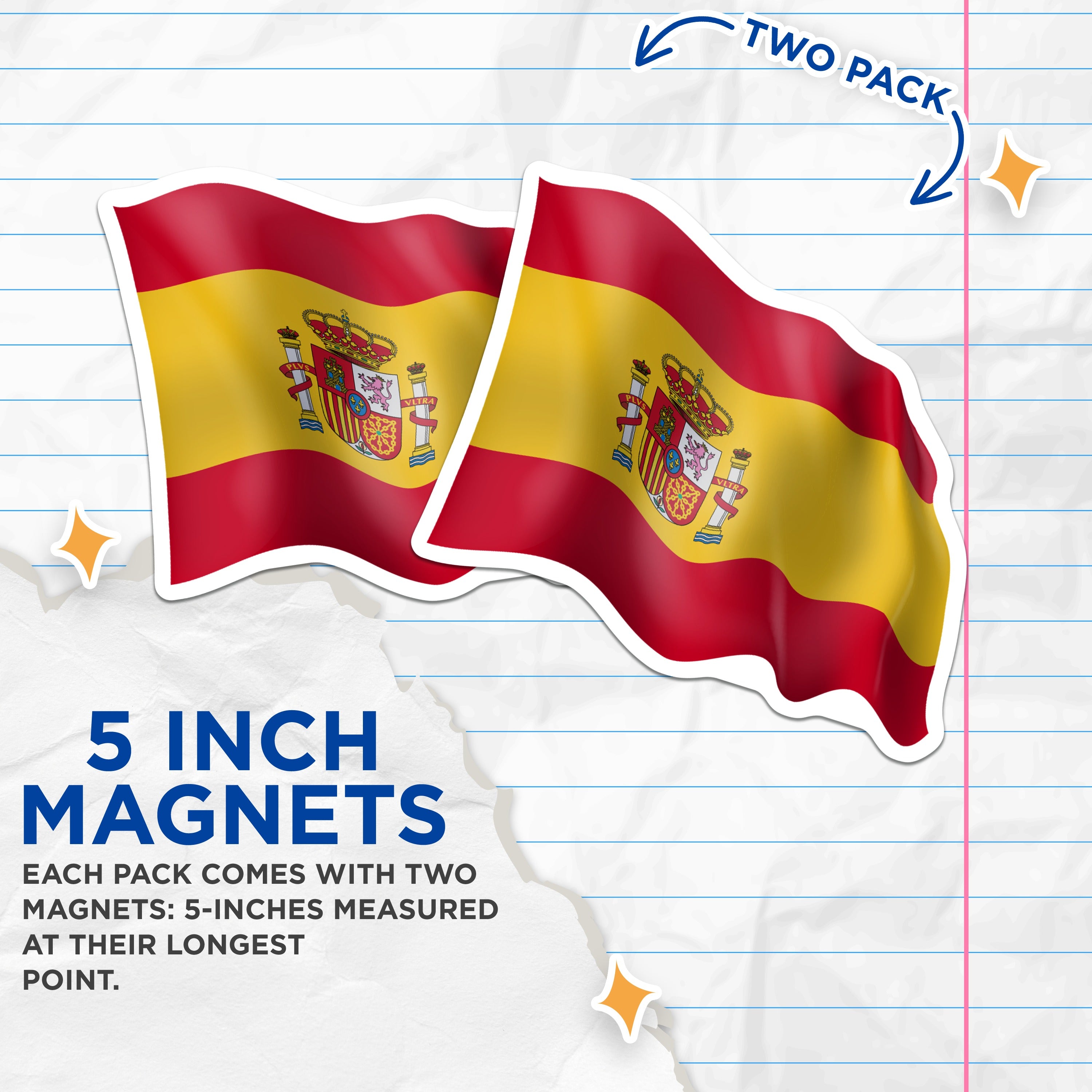 (2 Pack) Spanish Flag Magnets - España National Symbols - Refrigerator Locker Accent - 5 Inches On Longest Side - Thick Durable Magnet - Made in USA - MAG39143