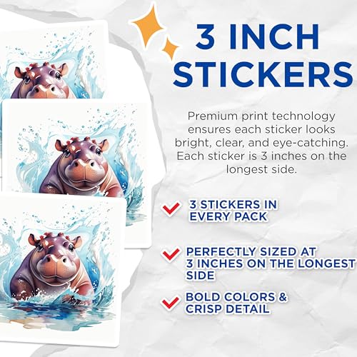 (3 Pack) Hippo Laptop Decals - Cute Animal Stickers - Playful Hippopotamus Decor - 3 Inches On Longest Side - Easy Peel & Apply - Made in USA - 3MCS7465