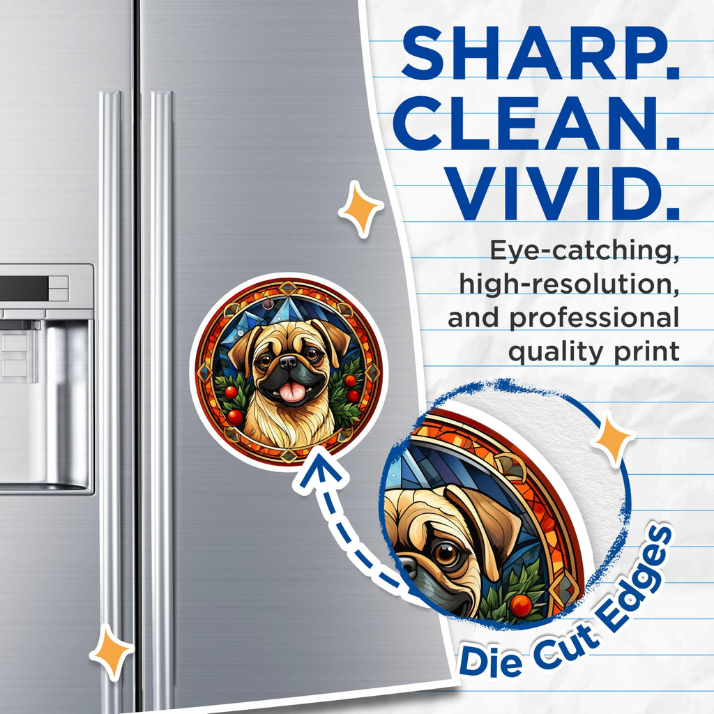 (2 Pack) Stained Glass Pug Magnets - Dog Art Refrigerator Decor - Pet Lover Home Decor - Holiday Pug Collectible - 5 Inches On Longest Side - Thick Durable Magnet - Made in USA - MAG25027