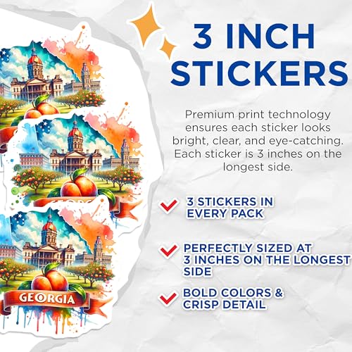 (3 Pack) Georgia Peach Decals - State Capitol - Watercolor Art Decal- 3 Inches On Longest Side - Easy Peel & Apply - Made in USA - 3MCS5599