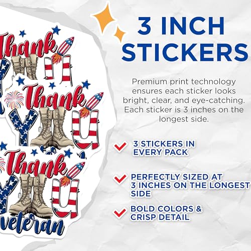 (3 Pack) Veteran Decals - Thank You Military - Patriotic Stickers - 3 Inches On Longest Side - Easy Peel & Apply - Made in USA - 3MCS7120
