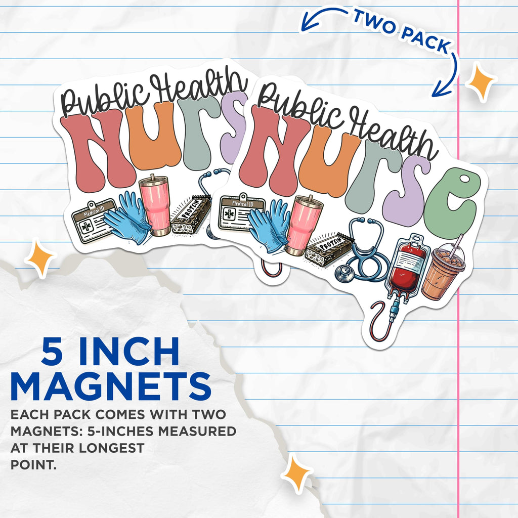 (2 Pack) Public Health Nurse Magnets - Retro Groovy RN Healthcare Professional Decor - Medical Staff Appreciation - 5 Inches On Longest Side - Thick Durable Magnet - Made in USA - MAG23091