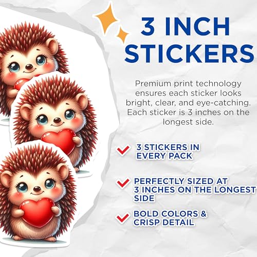 (3 Pack) Hedgehog Decals - Cute Animal - Heart Sticker - 3 Inches On Longest Side - Easy Peel & Apply - Made in USA - 3MCS2447