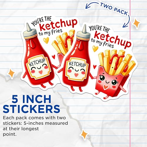 (2 Pack) Ketchup and Fries Stickers - Cute Food Stickers - Friendship Stickers for Laptops and Notebooks - 5" On Longest Side - Sticks to Any Smooth Flat Surface - Made in USA - BMCS3515