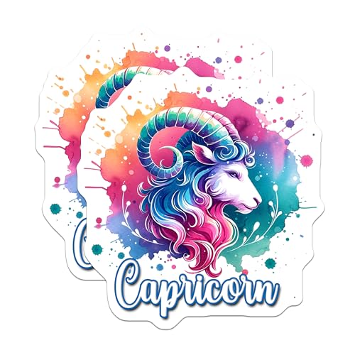 (2 Pack) Capricorn Zodiac Stickers - Astrological Sign Stickers - Goat Horoscope Stickers - 5" On Longest Side - Sticks to Smooth Flat Surfaces - Made in USA - BMCS6933