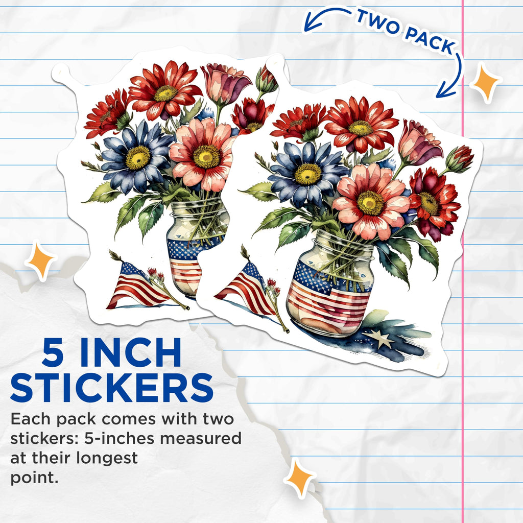 (2 Pack) American Flag Flowers Stickers - USA Floral Bouquet - Patriotic Stickers - 5" On Longest Side - Sticks to Smooth Flat Surfaces - Made in USA - BMCS14760