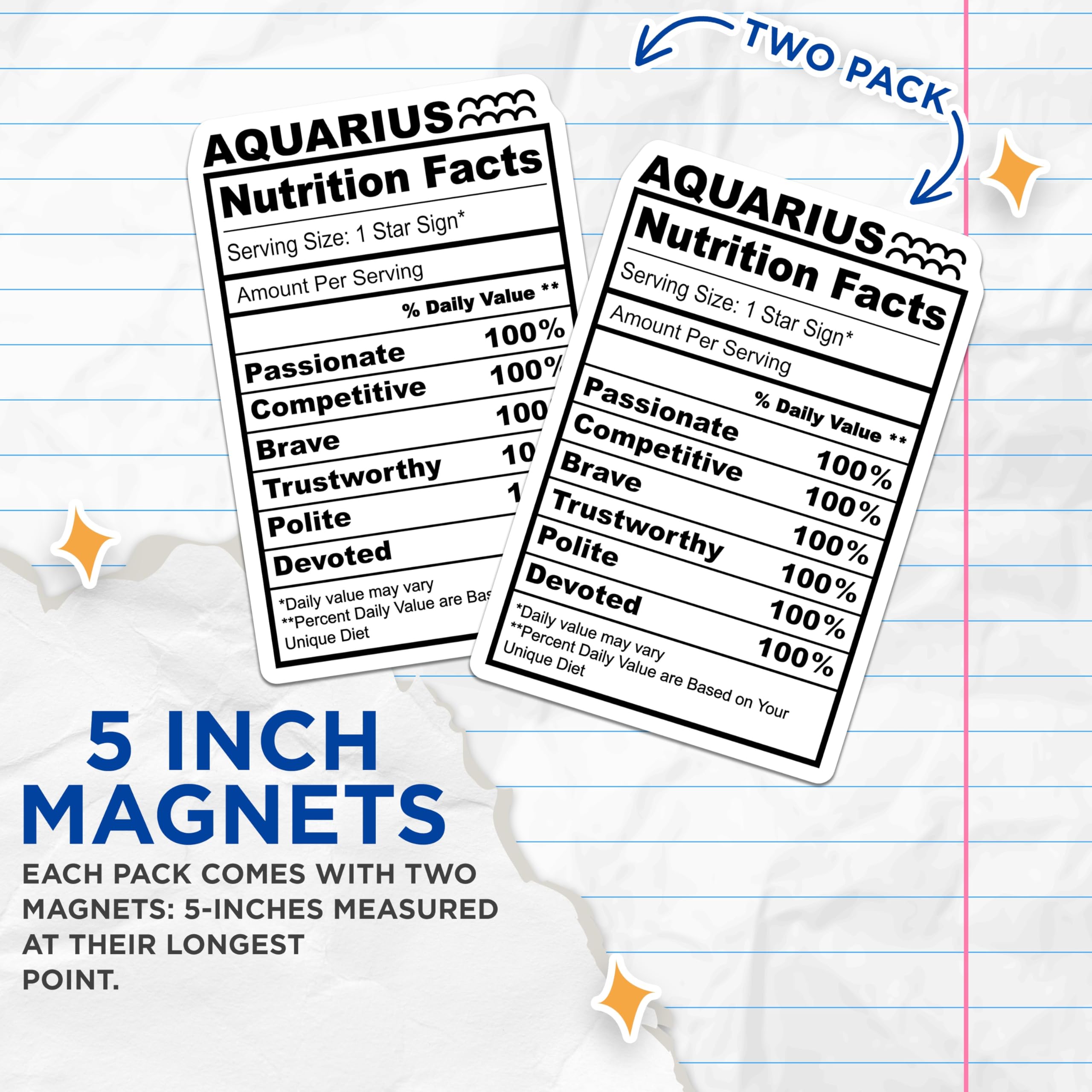 (2 Pack) Aquarius Zodiac Magnets - Funny Nutrition Facts - Astrology Home Decor - 5" On Longest Side - Premium Magnet - for Cars, Refrigerators, Toolboxes, Lockers - Made in USA - MAG15888