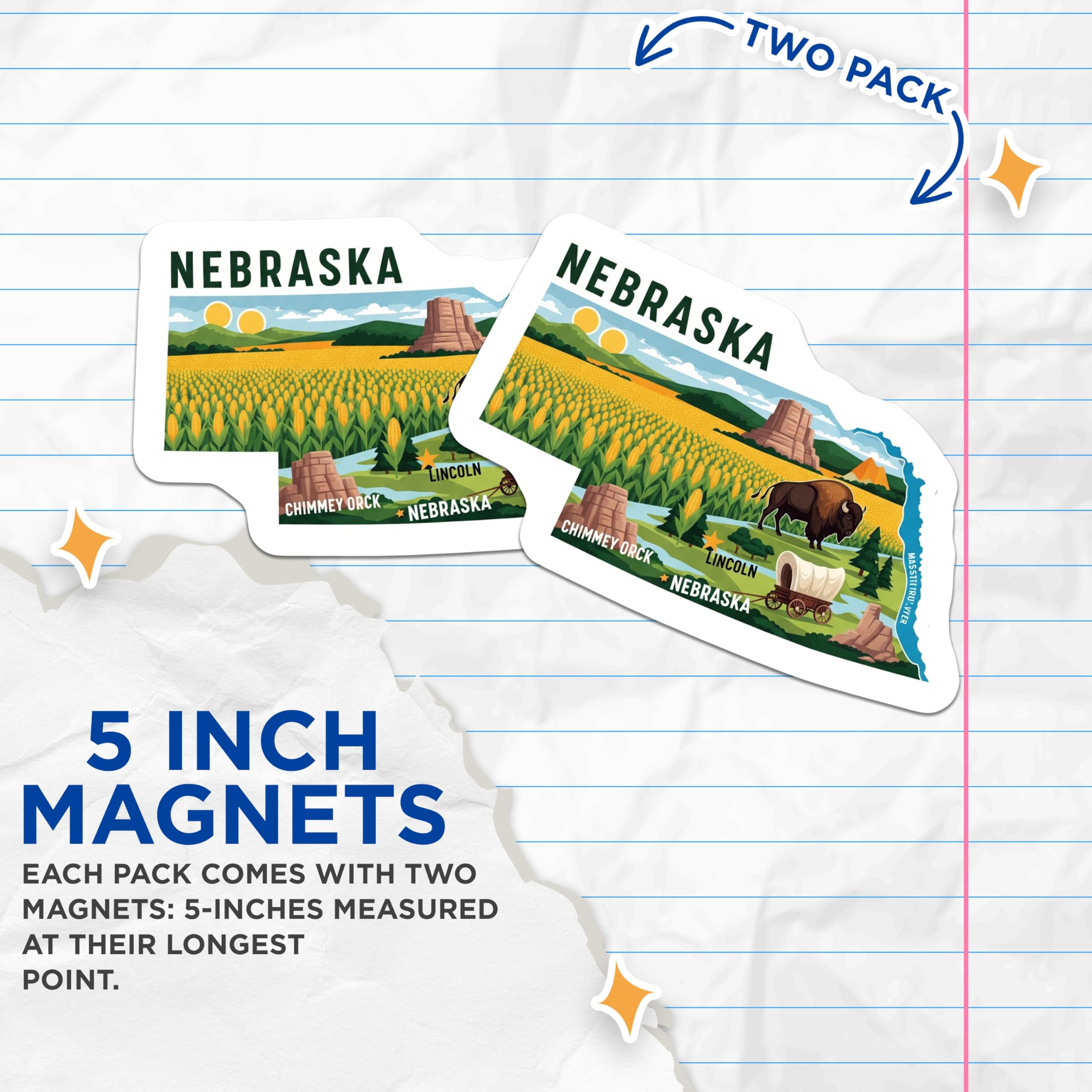 (2 Pack) Nebraska State Magnets - Bison Cornfield Covered Wagon - Chimney Rock Lincoln State Map Fridge Magnet - 5 Inches On Longest Side - Thick Durable Magnet - Made in USA - MAG19485