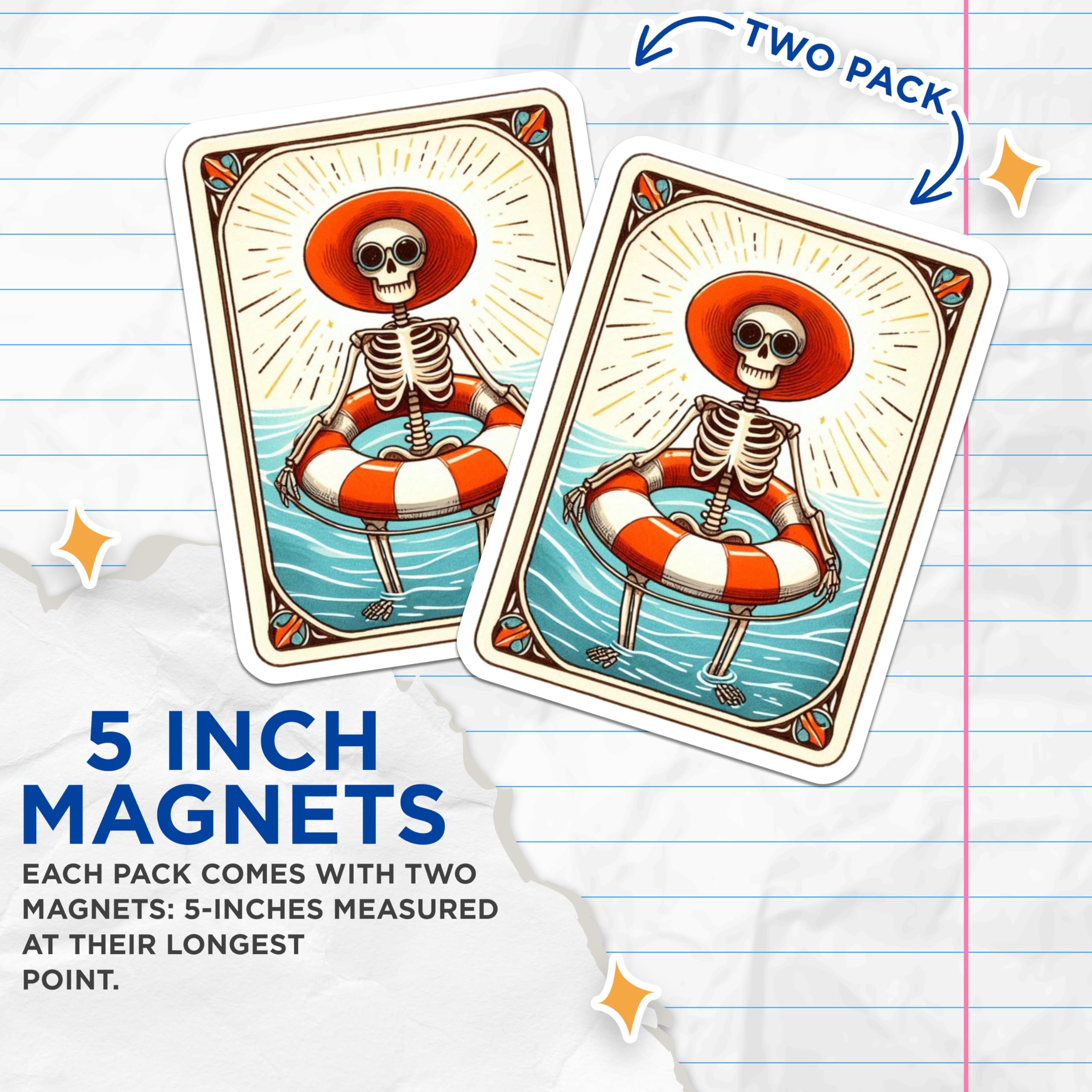 (2 Pack) Skeleton Summer Magnets - Beach Vacation Decor - Quirky Refrigerator Art - 5 Inches On Longest Side - Thick Durable Magnet - Made in USA - MAG22154