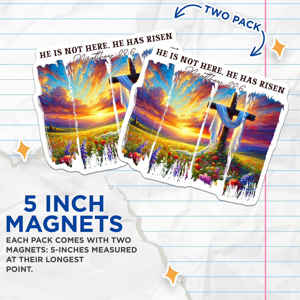 (2 Pack) He Has Risen Christian Magnets - Matthew 28 6 Verse Art - Inspirational Easter Fridge Decor - 5 Inches On Longest Side - Thick Durable Magnet - Made in USA - MAG36625