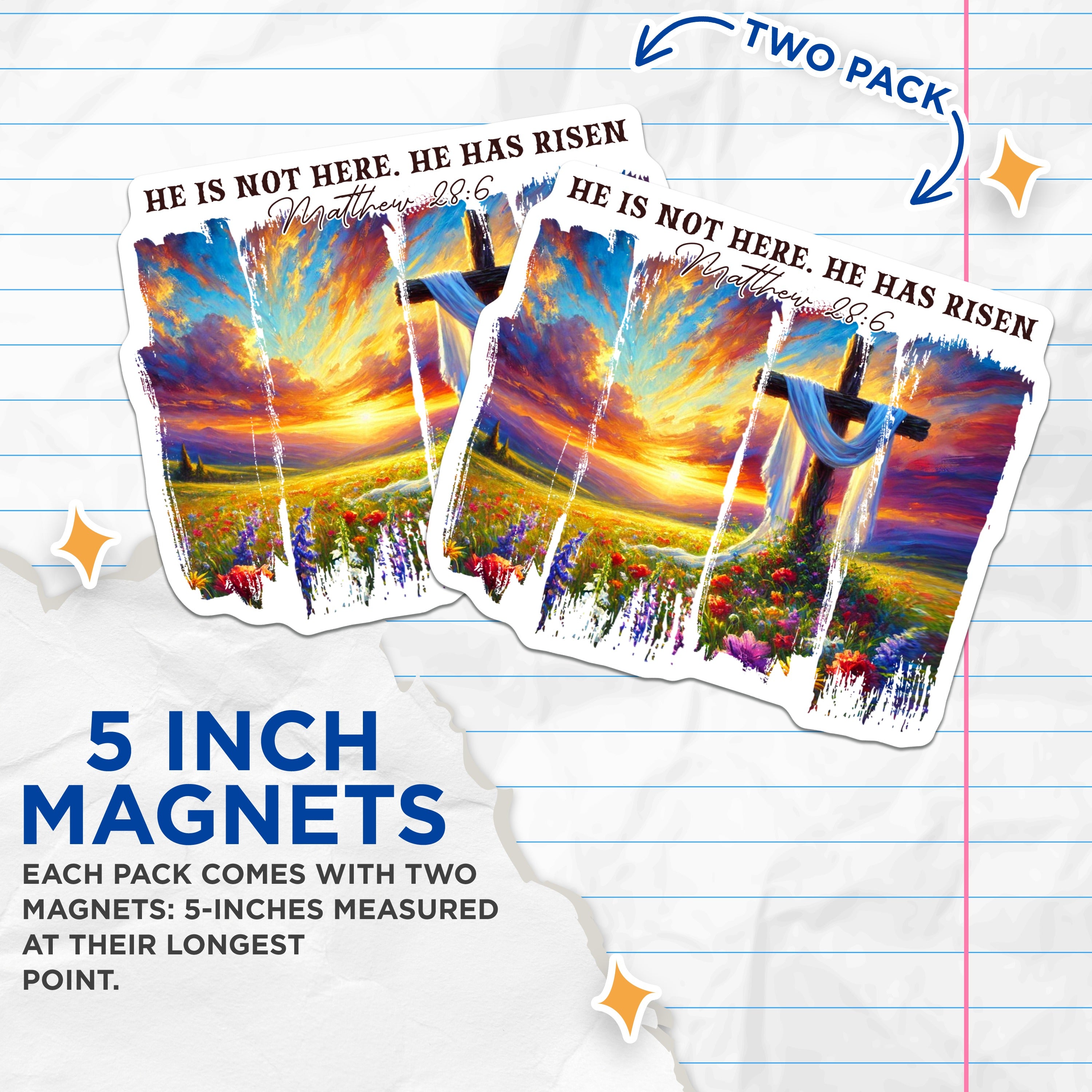 (2 Pack) He Has Risen Christian Magnets - Matthew 28 6 Verse Art - Inspirational Easter Fridge Decor - 5 Inches On Longest Side - Thick Durable Magnet - Made in USA - MAG36625