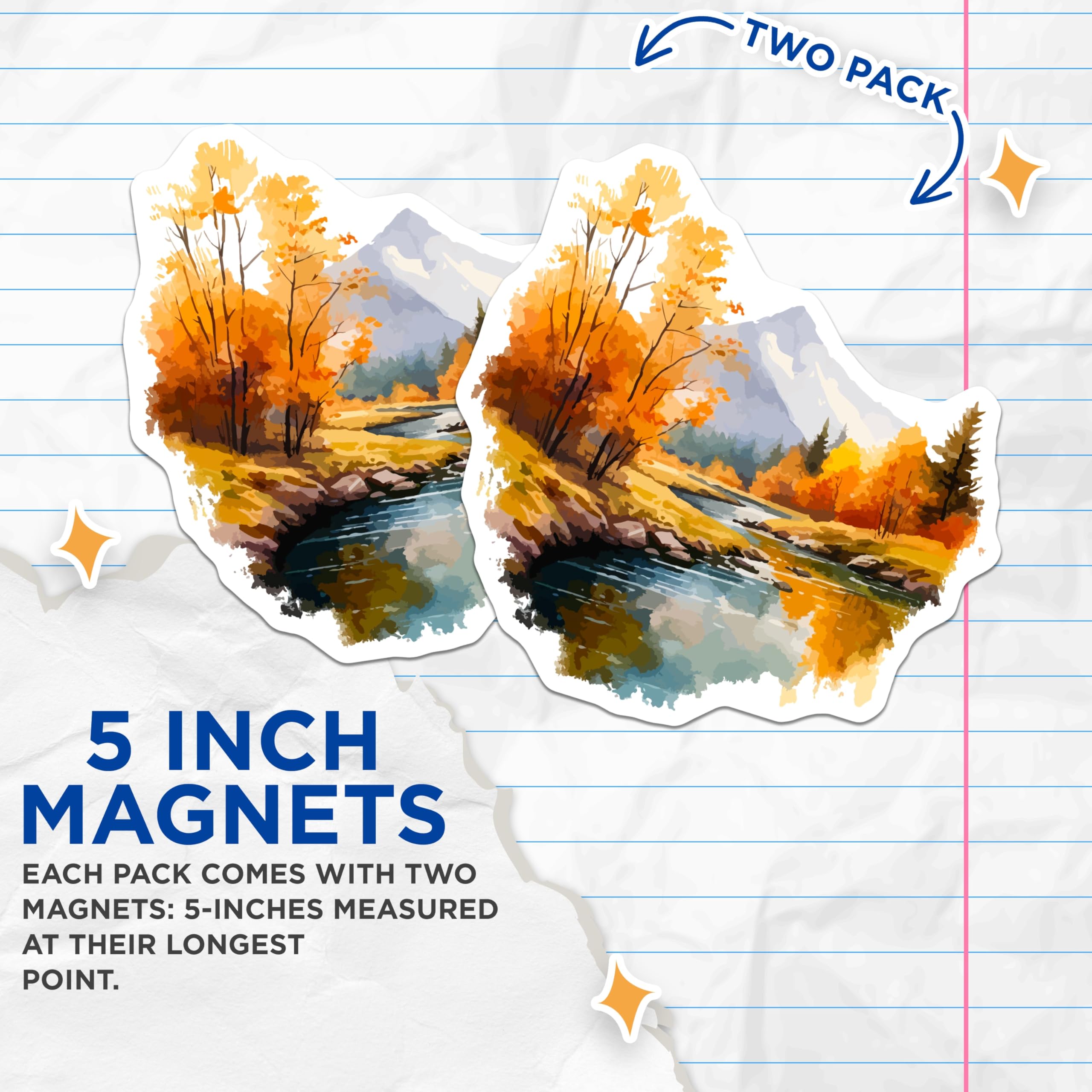 (2 Pack) Autumn Mountain River Landscape Magnets - Scenic Fall Foliage Nature Art - Rustic Seasonal Kitchen Decoration - 5 Inches On Longest Side - Thick Durable Magnet - Made in USA - MAG19825