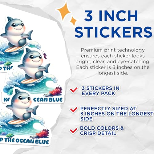 (3 Pack) Surfing Shark Decals - Keep Ocean Blue Decal - Cartoon Ocean Decals - 3 Inches On Longest Side - Easy Peel & Apply - Made in USA - 3MCS6722