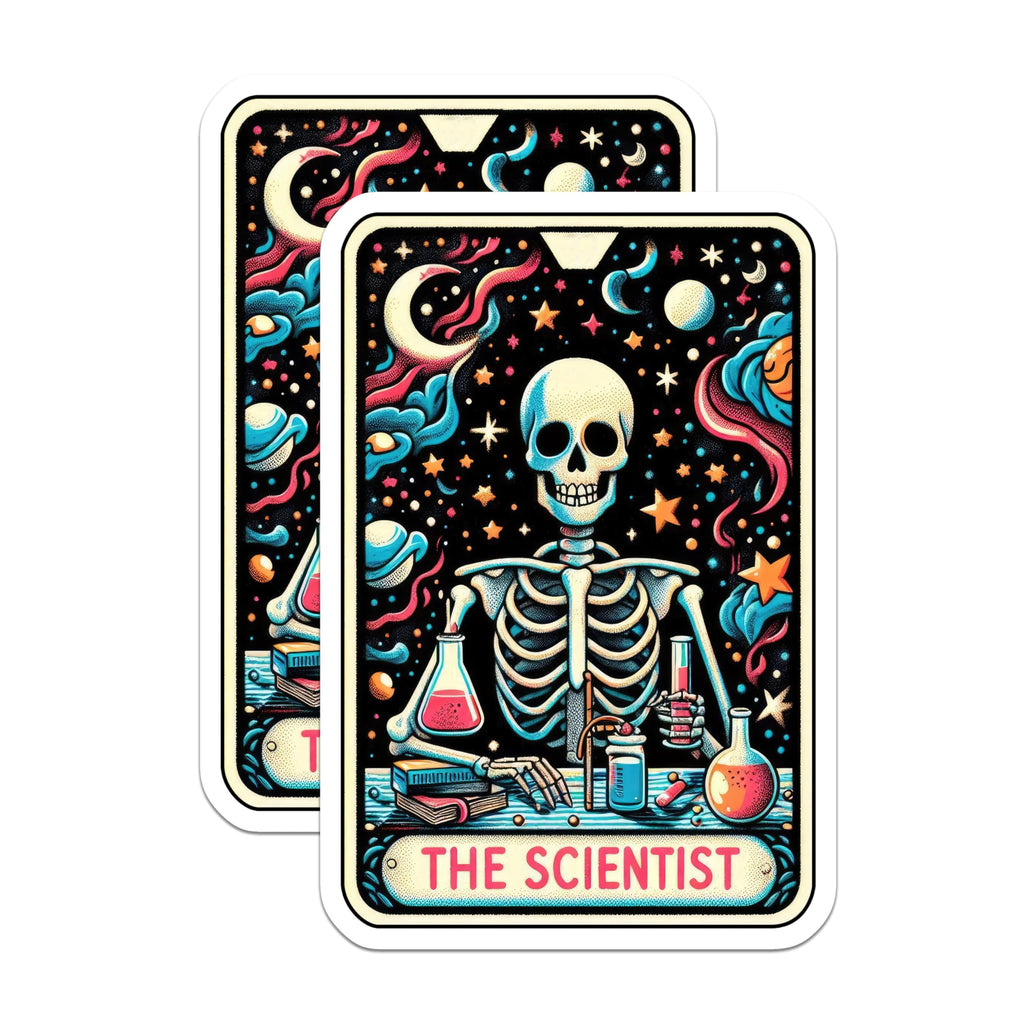 (2 Pack) Quirky Skeleton Scientist Stickers - Retro Chemistry Lab Stickers - Cosmic Skeleton Art Decal - 5" On Longest Side - Sticks to Smooth Flat Surfaces - Made in USA - BMCS5494