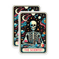(2 Pack) Quirky Skeleton Scientist Stickers - Retro Chemistry Lab Stickers - Cosmic Skeleton Art Decal - 5" On Longest Side - Sticks to Smooth Flat Surfaces - Made in USA - BMCS5494