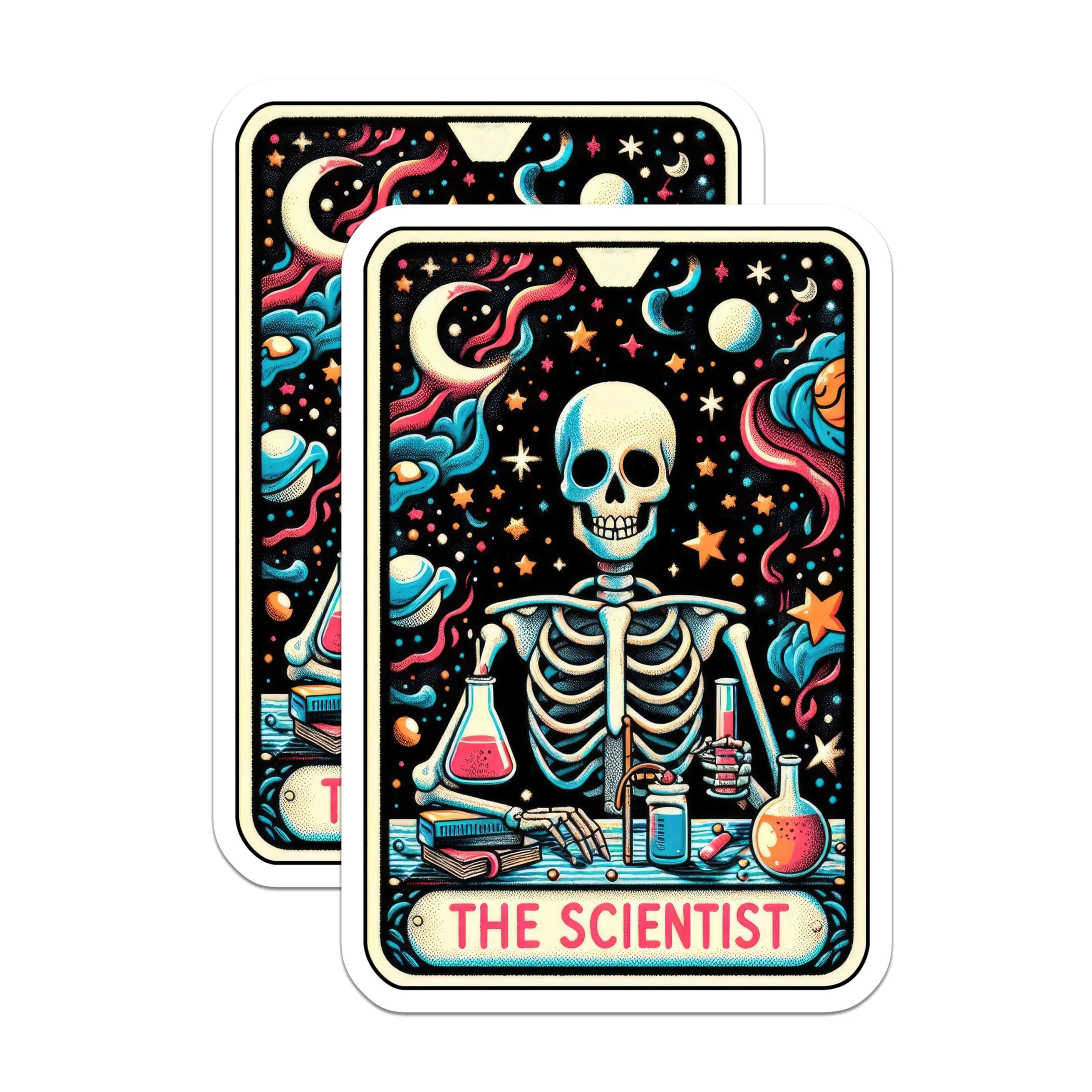 (2 Pack) Quirky Skeleton Scientist Stickers - Retro Chemistry Lab Stickers - Cosmic Skeleton Art Decal - 5" On Longest Side - Sticks to Smooth Flat Surfaces - Made in USA - BMCS5494