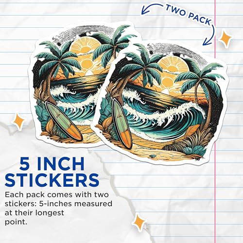 (2 Pack) Tropical Beach Surf Stickers - Ocean Wave - Palm Trees Sticker Decal - 5" On Longest Side - Sticks to Smooth Flat Surfaces - Made in USA - BMCS9254