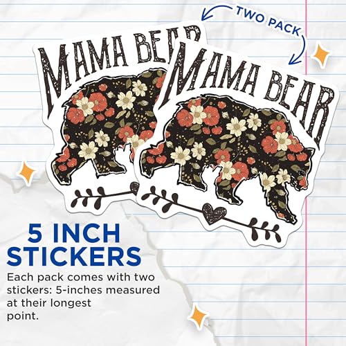 (2 Pack) Mama Bear Stickers - Floral Bear Decal - Rustic Animal Design - 5" On Longest Side - Sticks to Smooth Flat Surfaces - Made in USA - BMCS5762