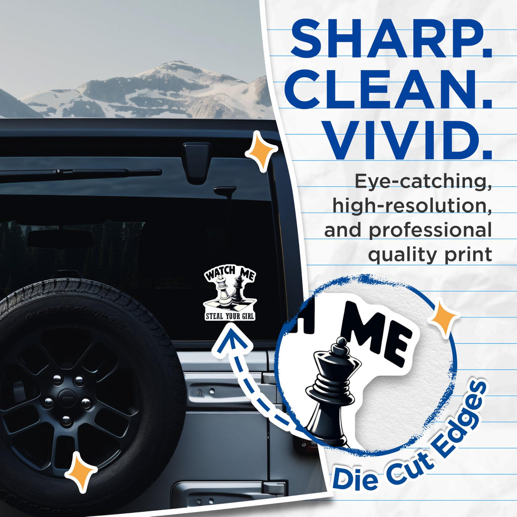 (2 Pack) Watch Me Steal Your Girl Stickers - Funny Chess Stickers - Unique Chessboard Design Stickers - 5" On Longest Side - Sticks to Any Smooth Flat Surface - Made in USA - BMCS3185