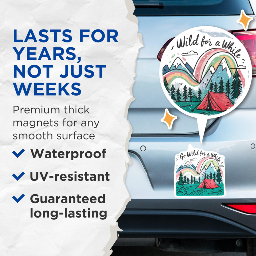 (2 Pack) Go Wild for a While Magnets - Camping Adventure - Nature Escapes - Hiking Outdoor - 5" On Longest Side - for Cars, Fridges, Toolboxes - Made in USA - MAG4062