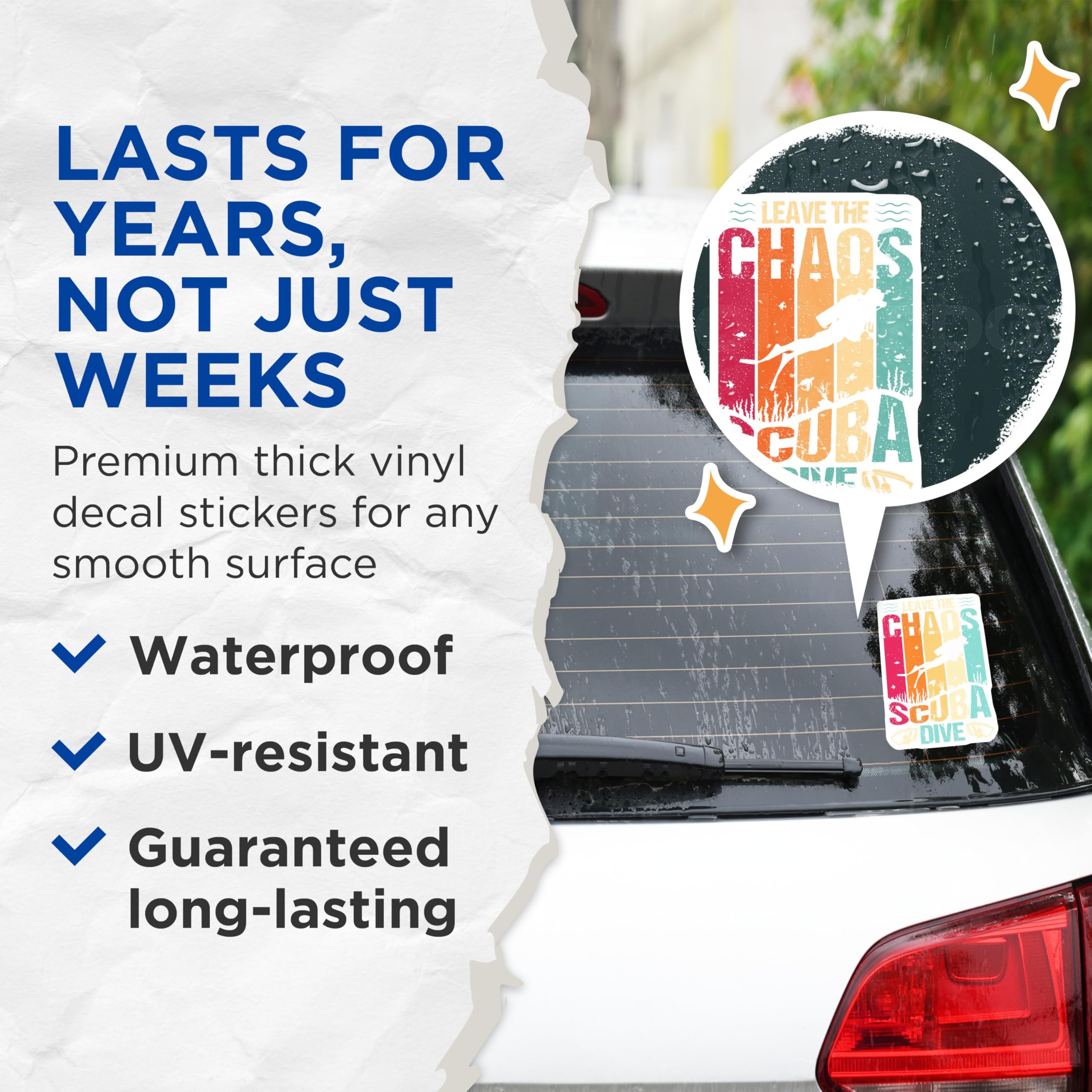(2 Pack) Scuba Dive Stickers - Leave The Chaos - Diving Adventure - 5" On Longest Side - Sticks to Smooth Flat Surfaces - Made in USA - BMCS18526