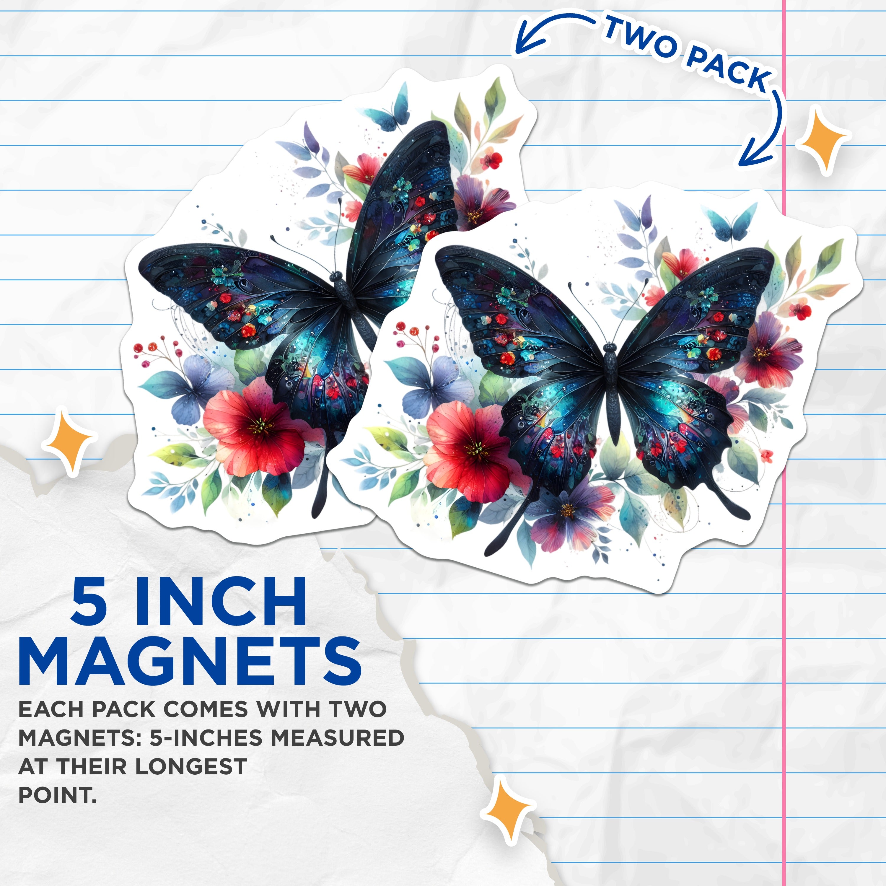 (2 Pack) Mystical Butterfly Magnets - Dark Floral Decor - Enchanted Garden Art Refrigerator - 5 Inches On Longest Side - Thick Durable Magnet - Made in USA - MAG37264