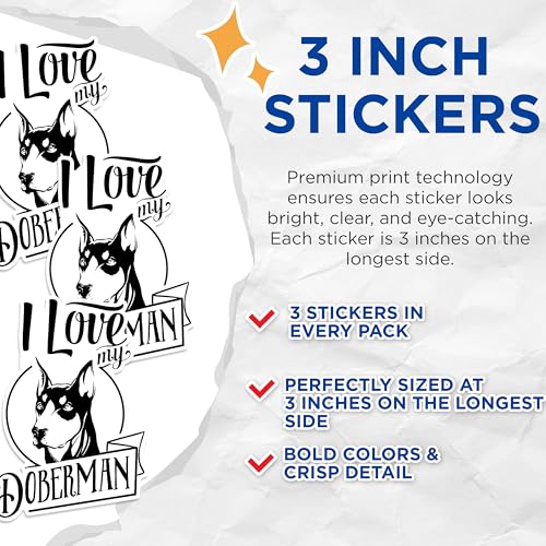 (3 Pack) Doberman Decals - I Love My Doberman - Laptop Decals - 3 Inches On Longest Side - Easy Peel & Apply - Made in USA - 3MCS1756