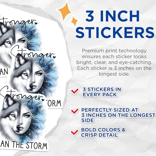 (3 Pack) Wolf Girl Decals - Stronger Than The Storm Stickers - Laptop Decals - 3 Inches On Longest Side - Easy Peel & Apply - Made in USA - 3MCS7997