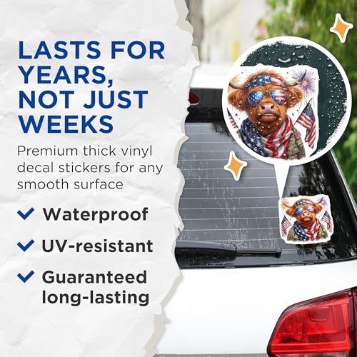 (2 Pack) Highland Cow American Flag Stickers - Patriotic Highland Cow Sticker - Fourth of July Animal Decal - 5" On Longest Side - Sticks to Smooth Flat Surfaces - Made in USA - BMCS6337