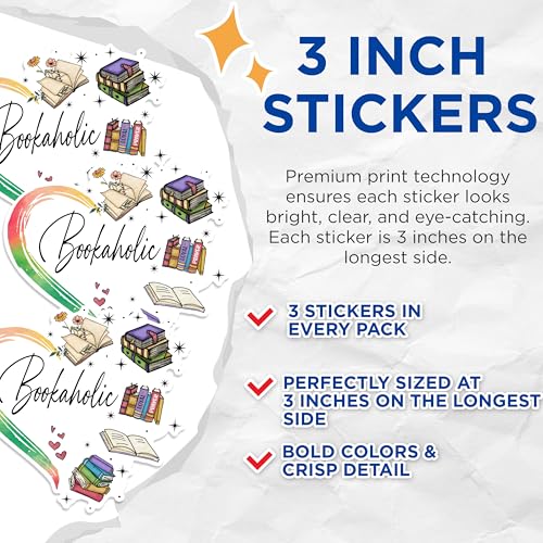 (3 Pack) Bookaholic Decals - Book Lover - Reading Enthusiast Decal - 3 Inches On Longest Side - Easy Peel & Apply - Made in USA - 3MCS1657