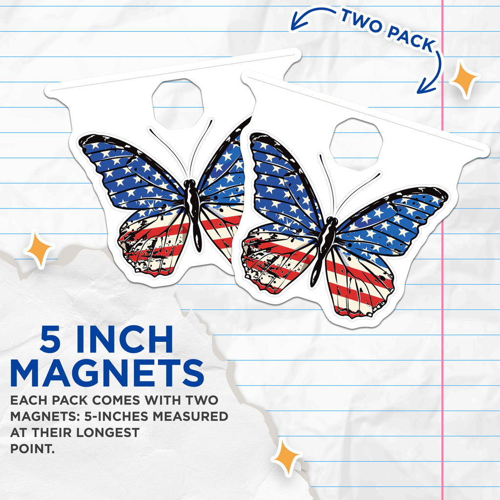 (2 Pack) American Flag Butterfly Magnets - Patriotic USA Refrigerator Decor - July 4th Americana Style - Freedom Display - Veteran Honor - 5" - Thick Durable Magnet - Made in USA - MAG39580