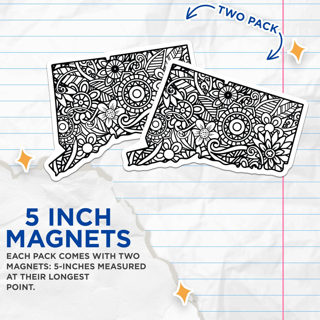 (2 Pack) Connecticut State Magnets - Floral Zentangle Design - Decorative CT Fridge Magnets - 5" On Longest Side - Premium Magnet - for Cars, Refrigerators, Toolboxes, Lockers - Made in USA - MAG18331