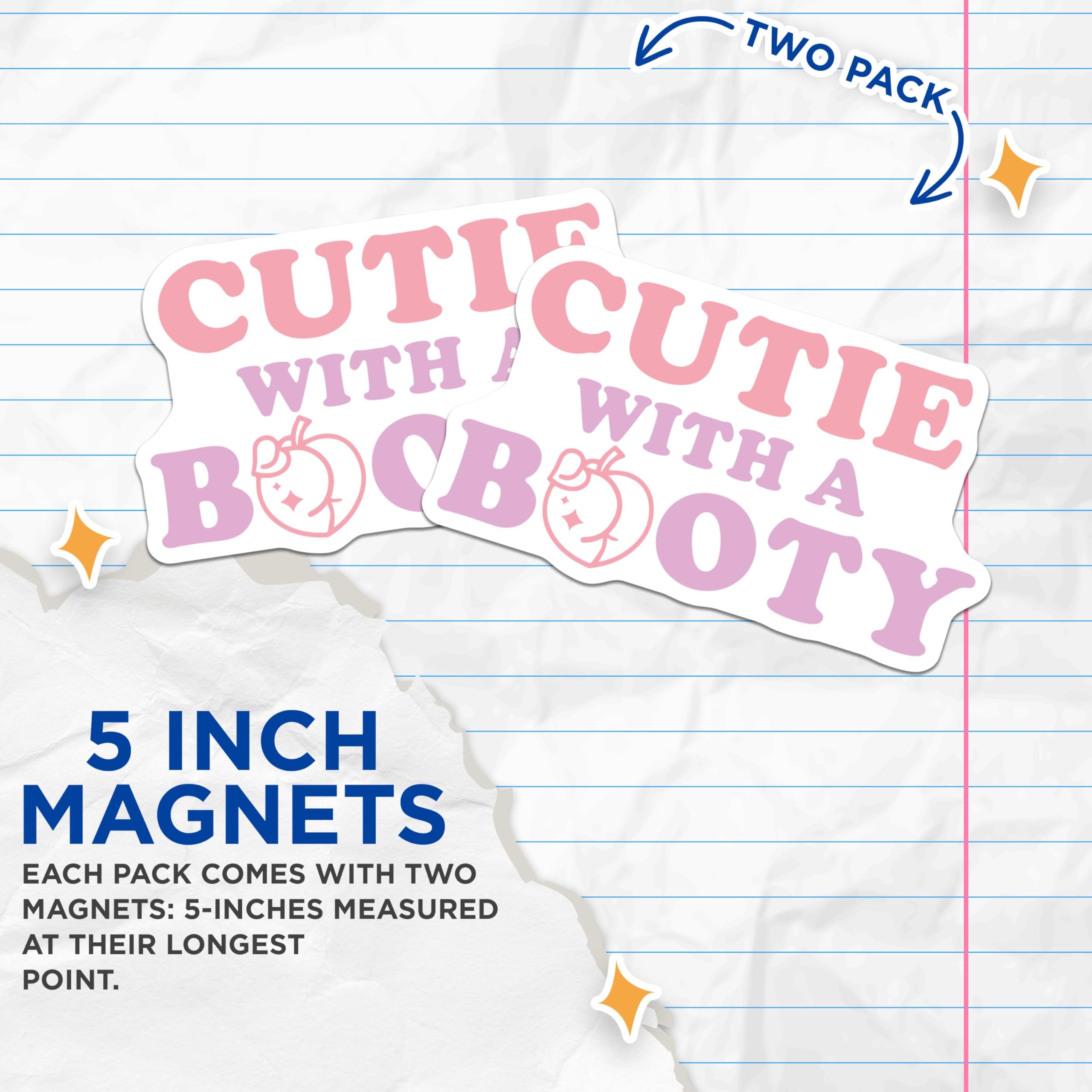 (2 Pack) Cutie with a Booty Magnets - Cute Peach - Funny Phrase Magnets - Humor Kitchen - 5" On Longest Side - for Cars, Fridges, Toolboxes - Made in USA - MAG3794
