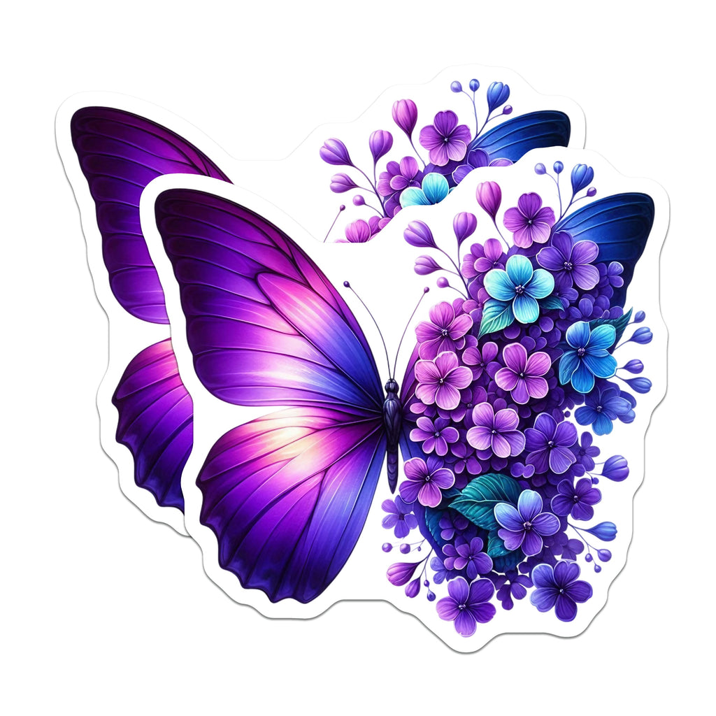 (2 Pack) Butterfly Flower Magnets - Purple Blue Floral Decor - Nature Art Kitchen Fridge - Refrigerator Locker Decal - 5 Inches On Longest Side - Thick Durable Magnet - Made in USA - MAG39135