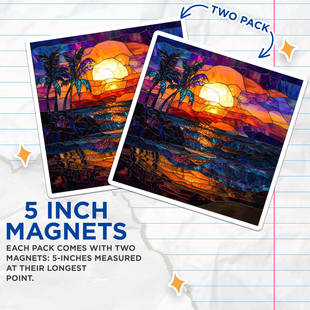 (2 Pack) Tropical Sunset Magnets - Stained Glass Palm Tree - Beach Ocean Refrigerator Art - 5 Inches On Longest Side - Thick Durable Magnet - Made in USA - MAG29917